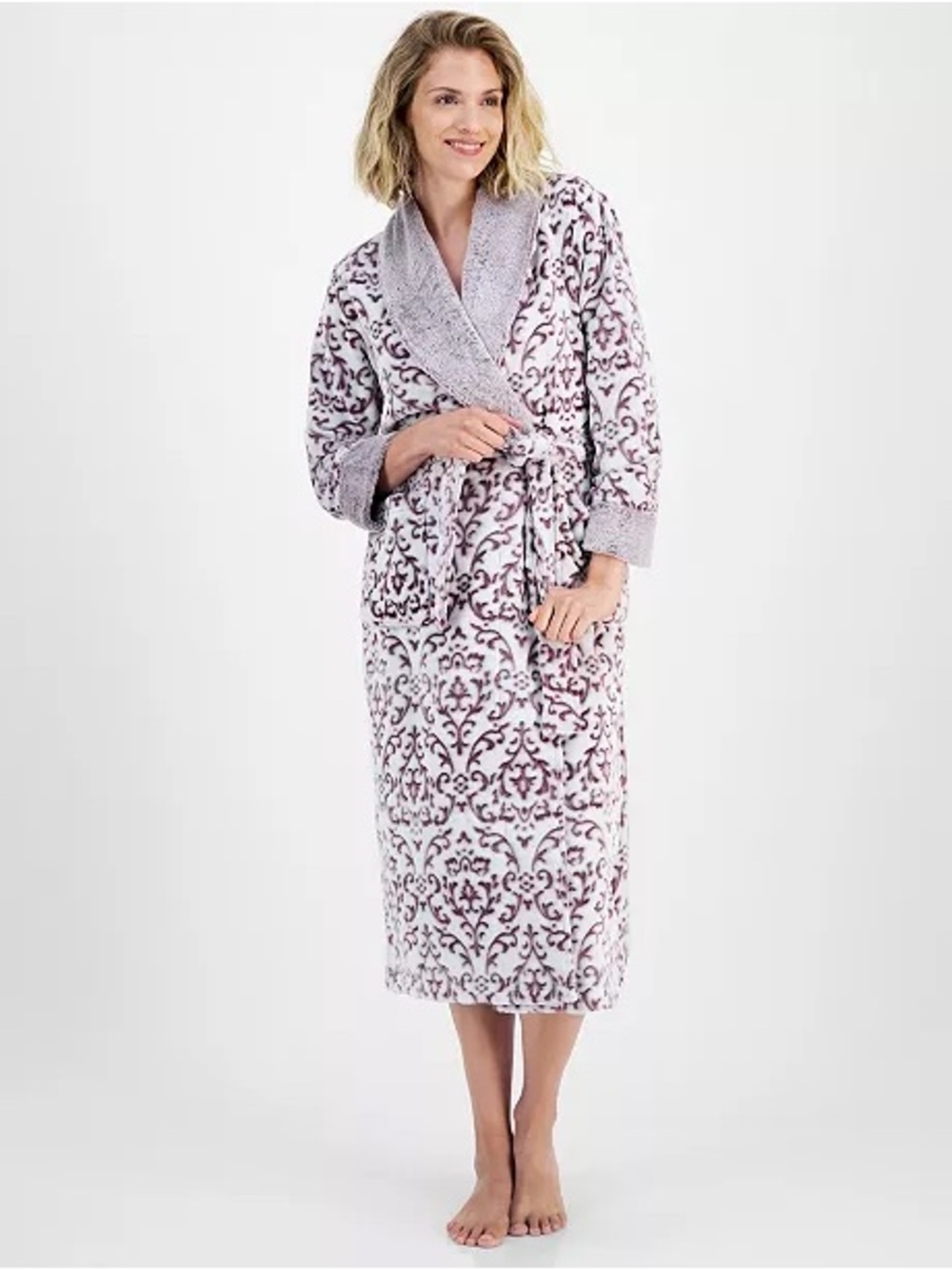 Charter Club Women's Long Embossed Plush Robe, Wallpaper Wine Size XS/S